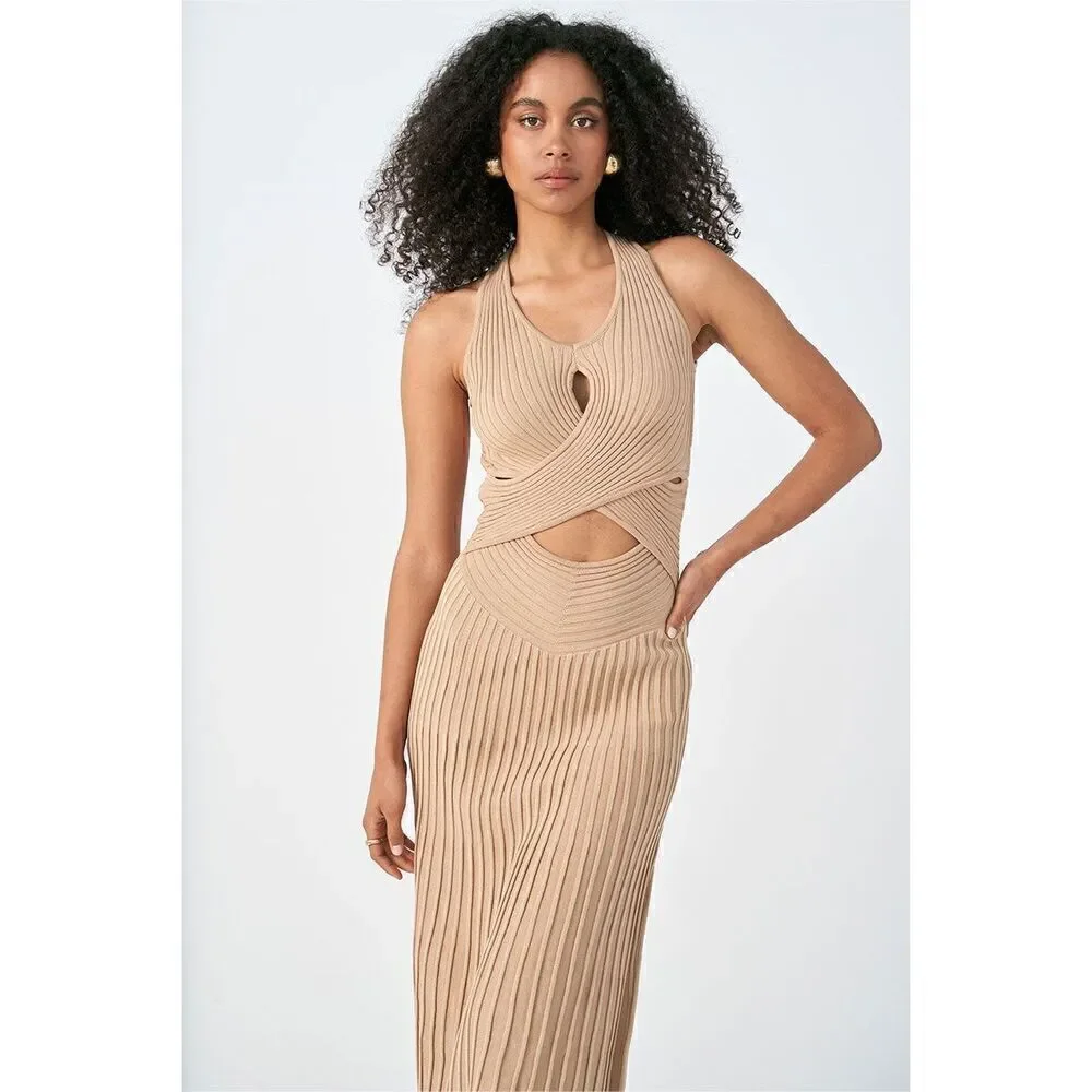 SOVERE Cleo Knit cut out details midi Dress color: Mink Size S NWT$226 - Picture 3 of 9